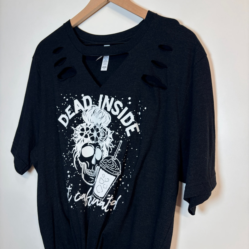 Caffeinated Bella + Canvas Distressed Short Sleeve Tee XL Black White Handmade - Picture 4 of 5